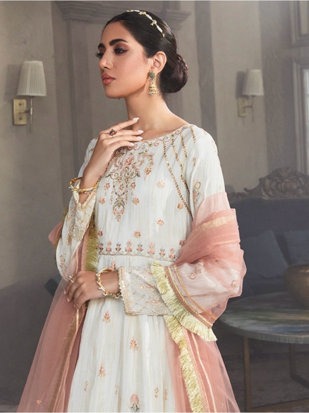 Elegant White & Blush Embroidered Women's Dress